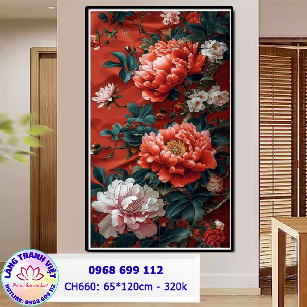 Tranh Thêu chữ thập Hoa Khai Phú Quý CH660 - KT:(65x120)cm