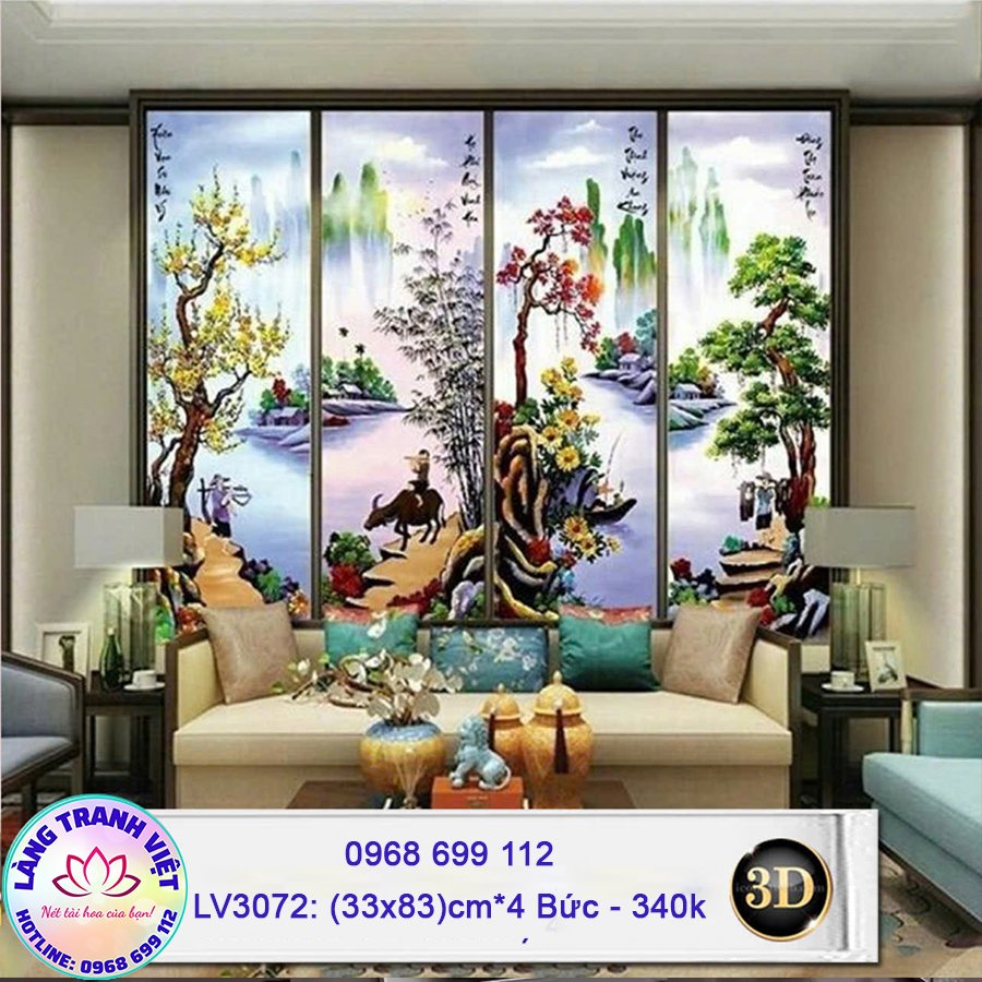 Tranh thêu chữ thập 3D Xuân Hạ Thu Đông LV3072 - KT:(33x85)cm/ Bức