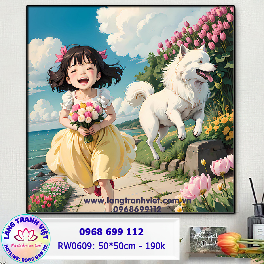 Tranh thêu chữ thập Cô Bé Và Cún RW0609 - KT:(50x50)cm