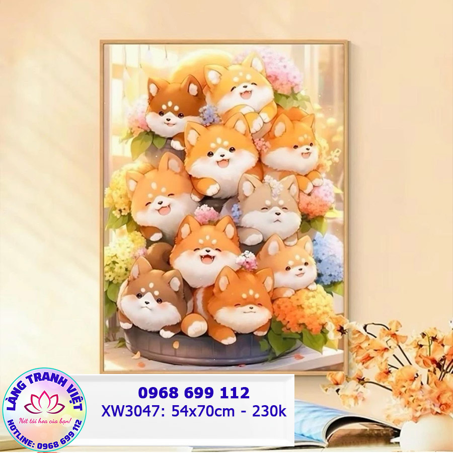 Tranh thêu chữ thập Gia Đình Cún XW3047 - KT:(50x70)cm